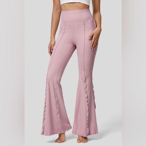 Halara Ribbed High Waisted Lettuce Trim Back Pocket Flare Dance Leggings Size XS